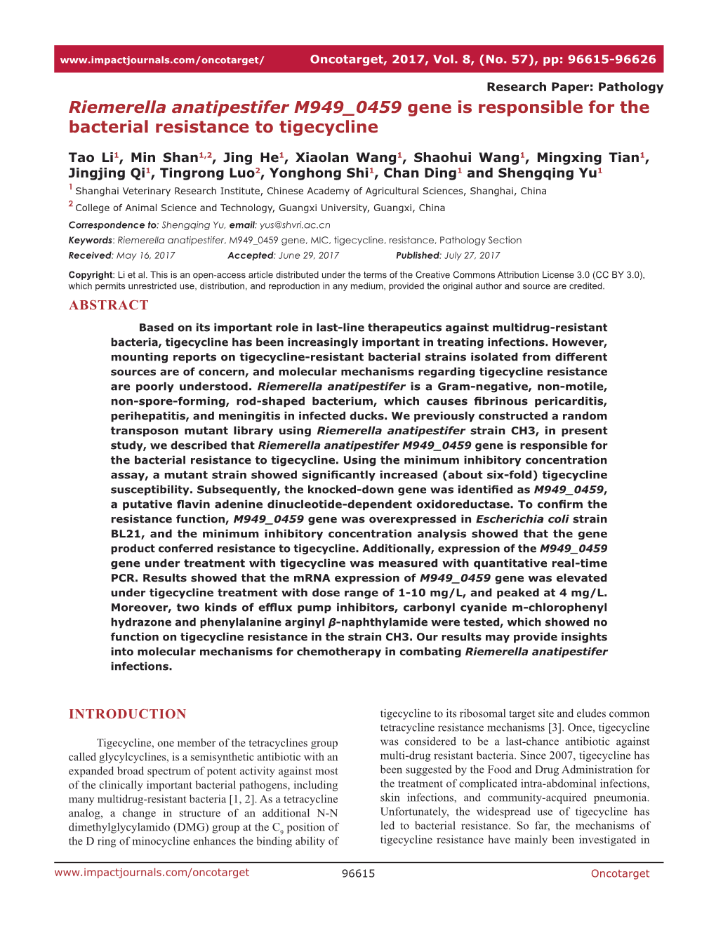 Riemerella Anatipestifer M949 0459 Gene Is Responsible for the Bacterial Resistance to Tigecycline