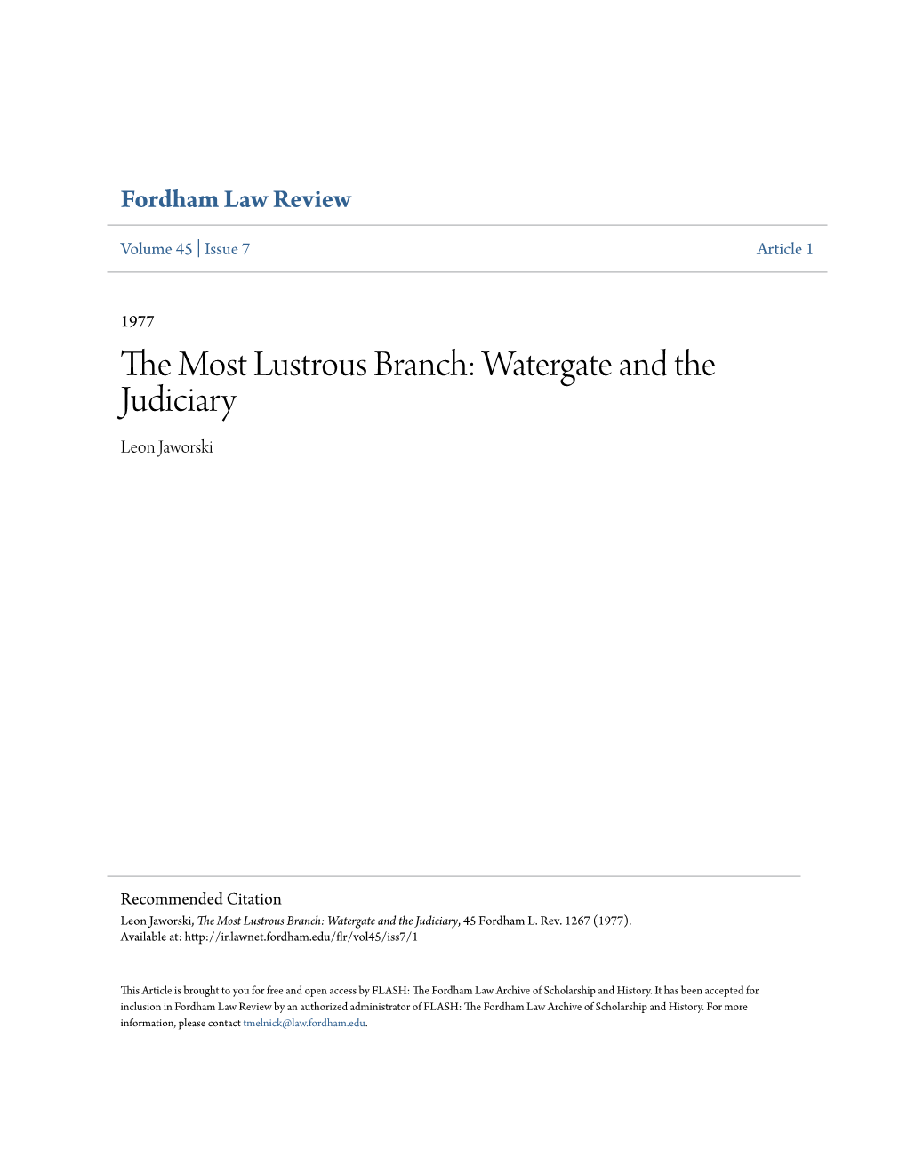 The Most Lustrous Branch: Watergate and the Judiciary, 45 Fordham L