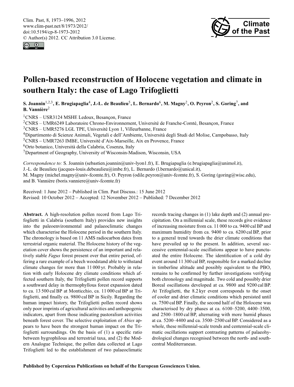 Pollen-Based Reconstruction of Holocene Vegetation and Climate in Southern Italy: the Case of Lago Trifoglietti