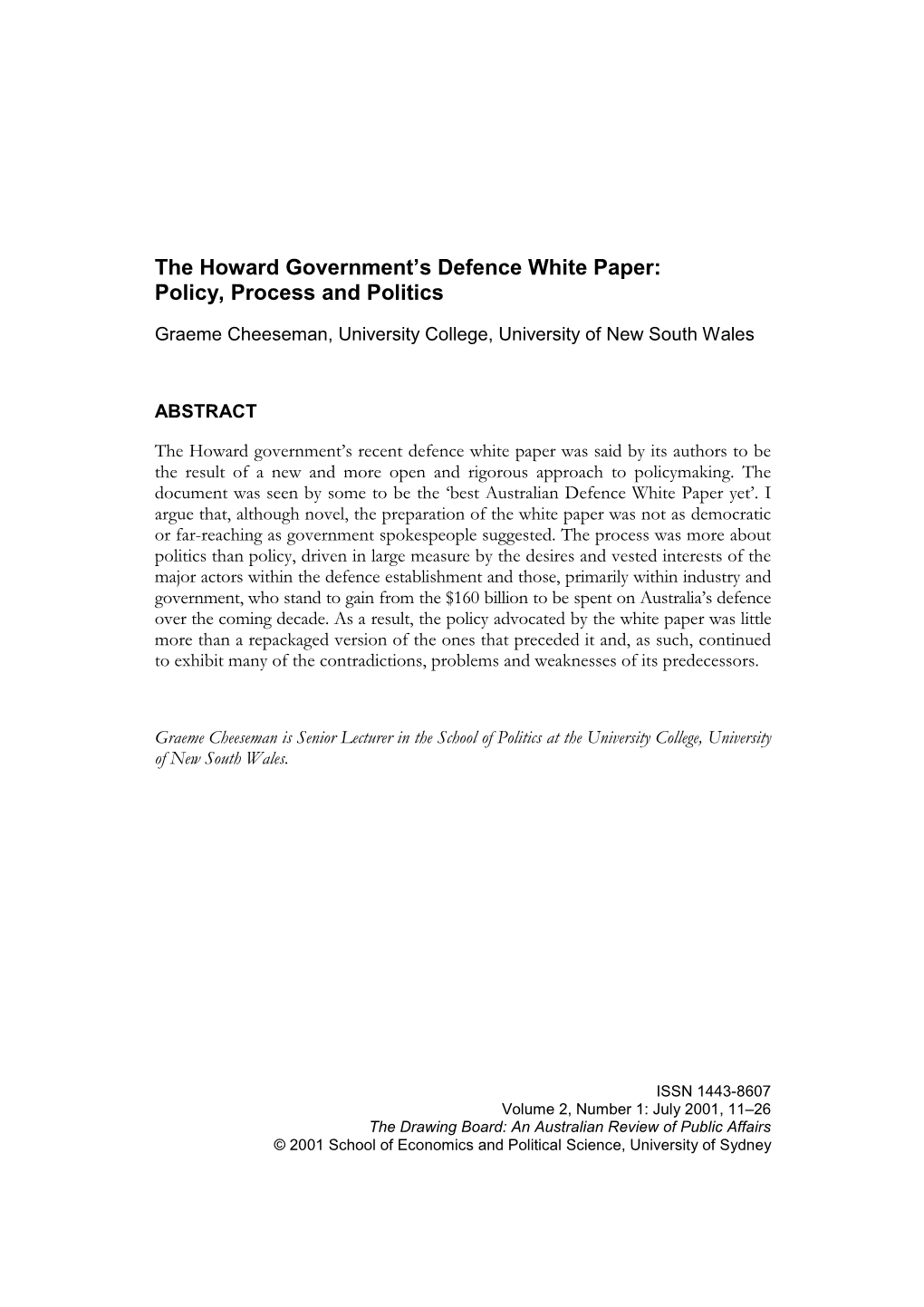 The Howard Government's Defence White Paper: Policy, Process And