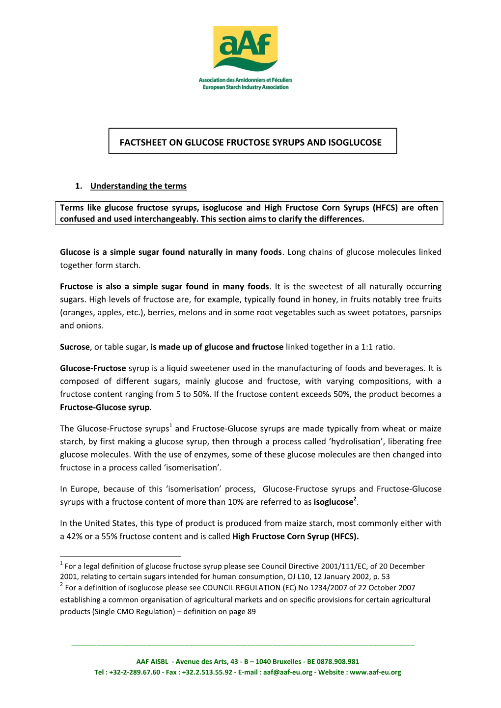 Factsheet on Glucose Fructose Syrups and Isoglucose