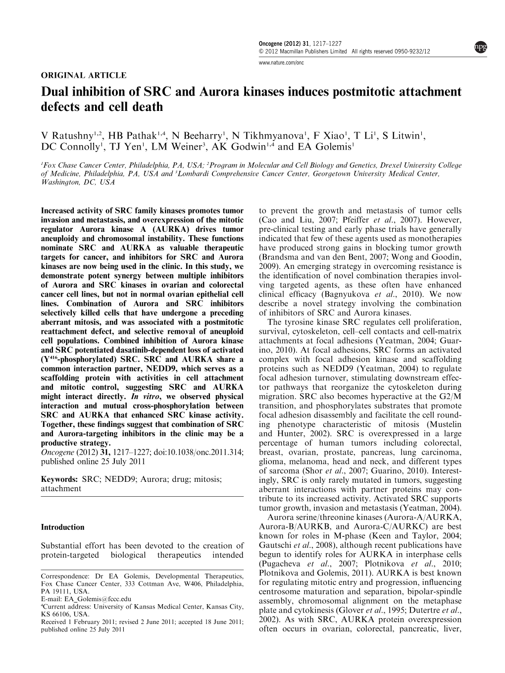 Dual Inhibition of SRC and Aurora Kinases Induces Postmitotic Attachment Defects and Cell Death