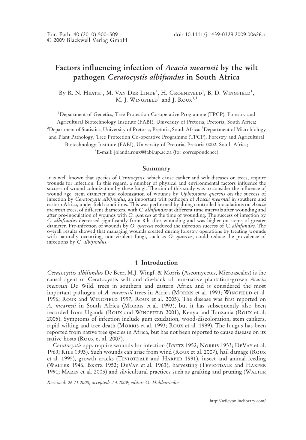 Factors Influencing Infection of Acacia Mearnsii by the Wilt Pathogen Ceratocystis Albifundus in South Africa