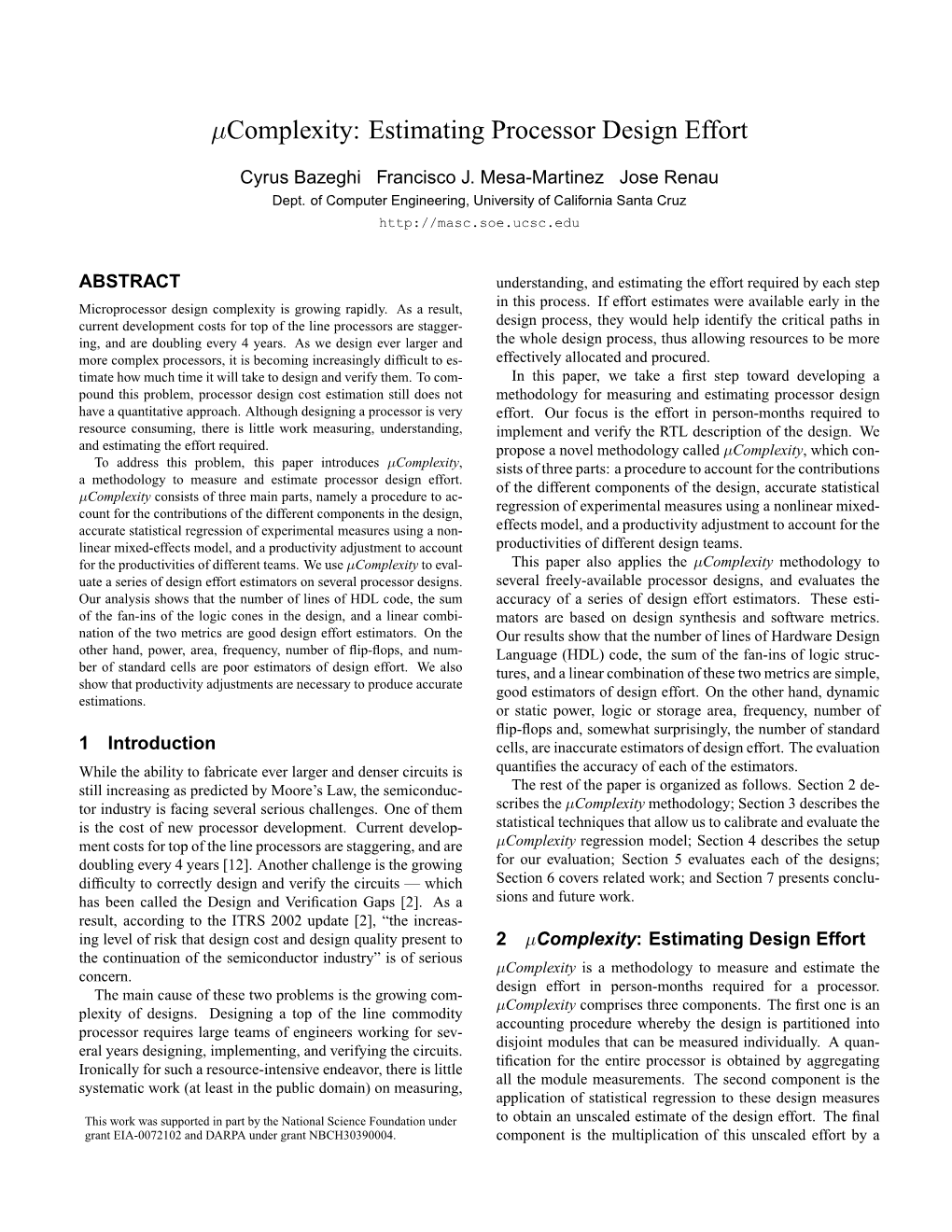 Ucomplexity Estimating Processor Design Effort