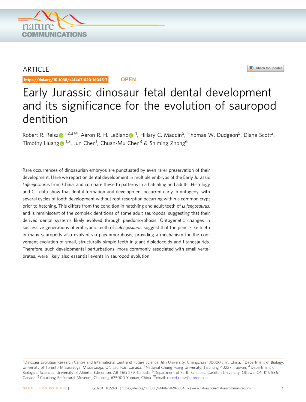 Early Jurassic Dinosaur Fetal Dental Development and Its Signiﬁcance for the Evolution of Sauropod Dentition ✉ Robert R