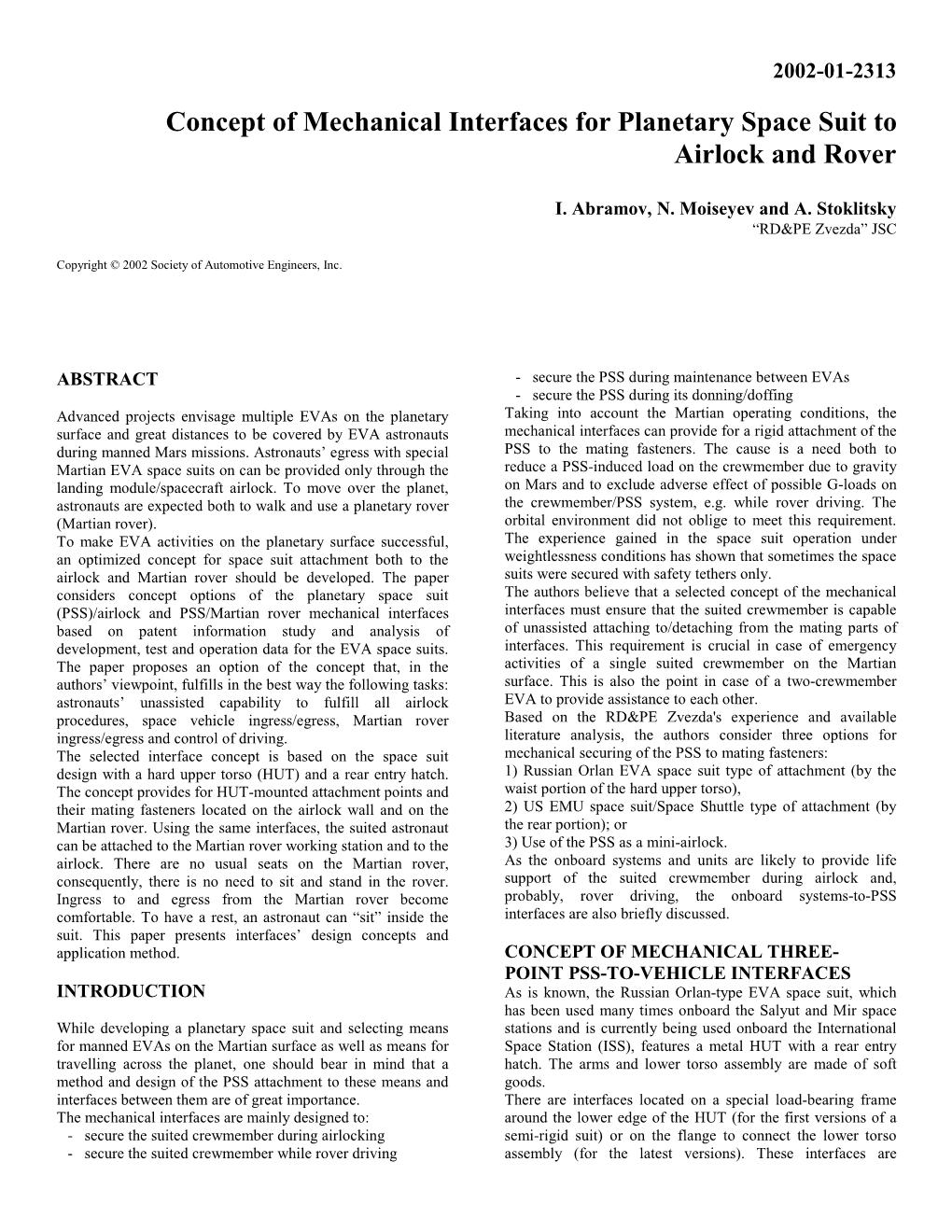 Concept of Mechanical Interfaces for Planetary Space Suit to Airlock and Rover