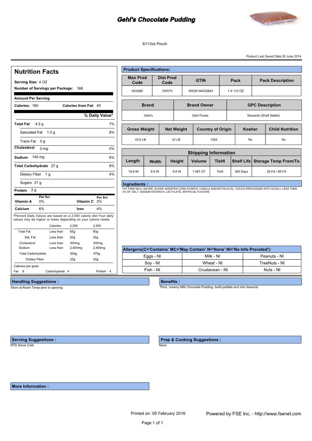 Gehl's Chocolate Pudding Nutrition Facts