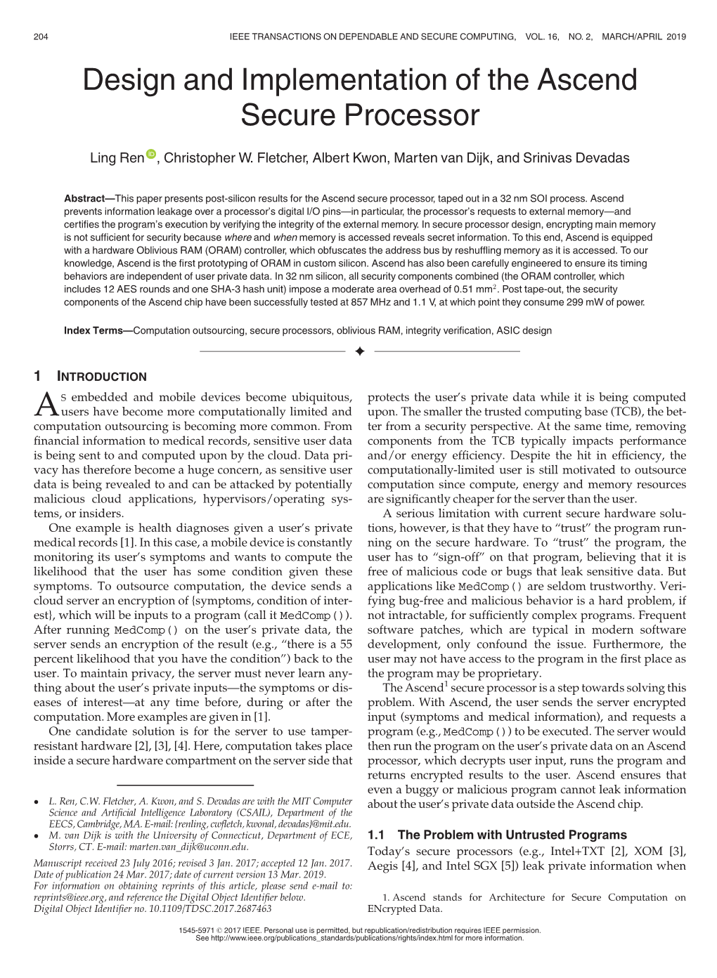 Design and Implementation of the Ascend Secure Processor