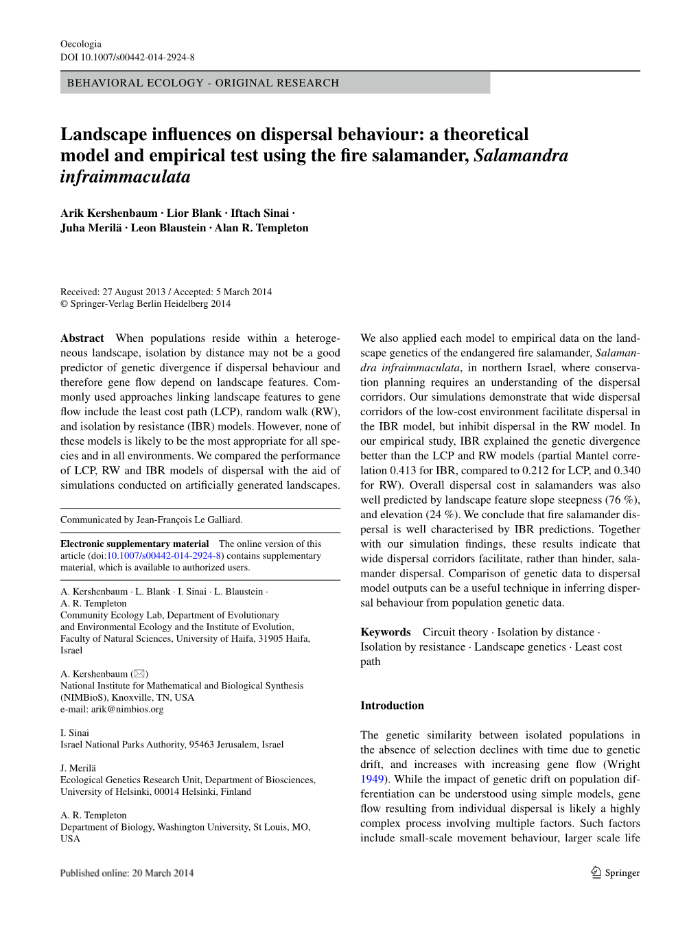 Landscape Influences on Dispersal Behaviour: a Theoretical Model and Empirical Test Using the Fire Salamander, Salamandra Infraimmaculata