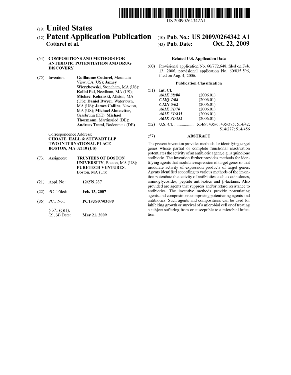 (12) Patent Application Publication (10) Pub. No.: US 2009/0264342 A1 Cottarel Et Al