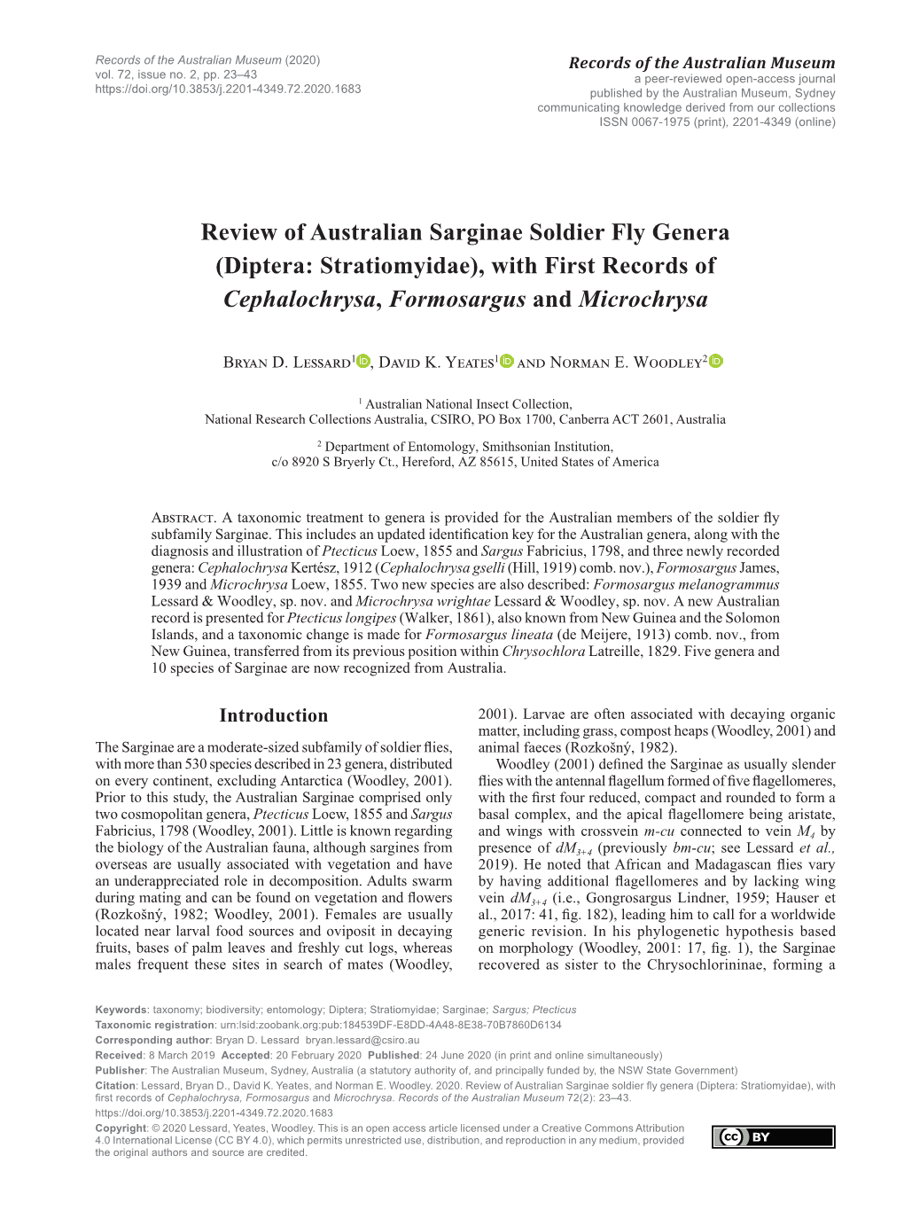 Review of Australian Sarginae Soldier Fly Genera (Diptera: Stratiomyidae), with First Records of Cephalochrysa, Formosargus and Microchrysa