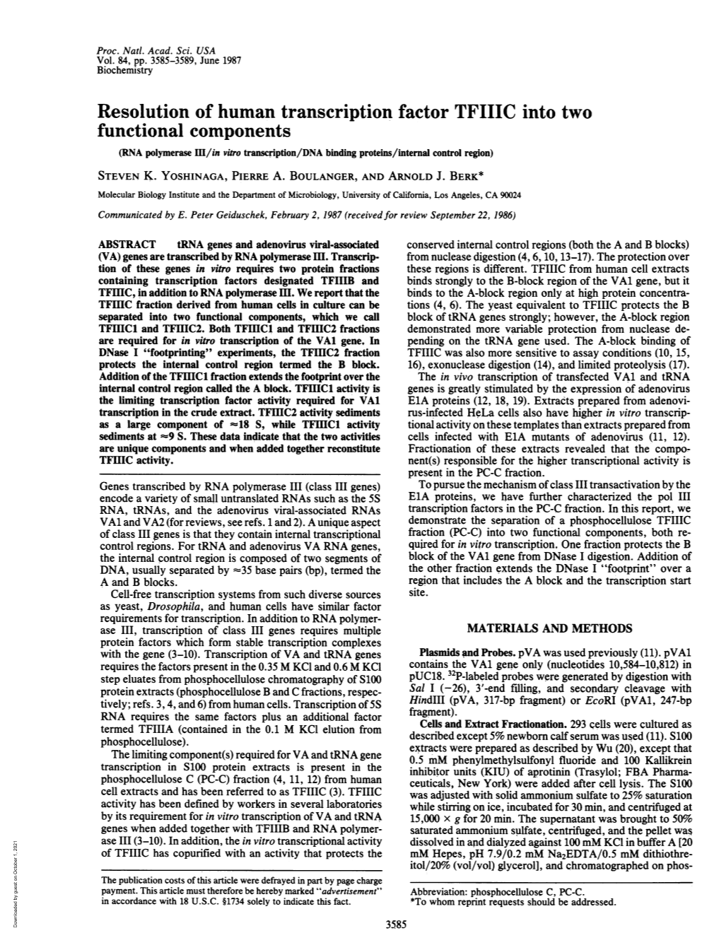 Resolution of Human Transcription Factor TFIIIC Into Two Functional