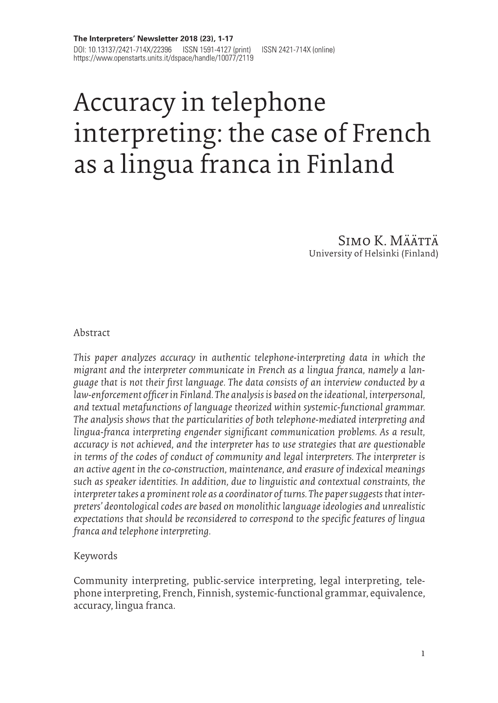 Accuracy in Telephone Interpreting: the Case of French As a Lingua Franca in Finland