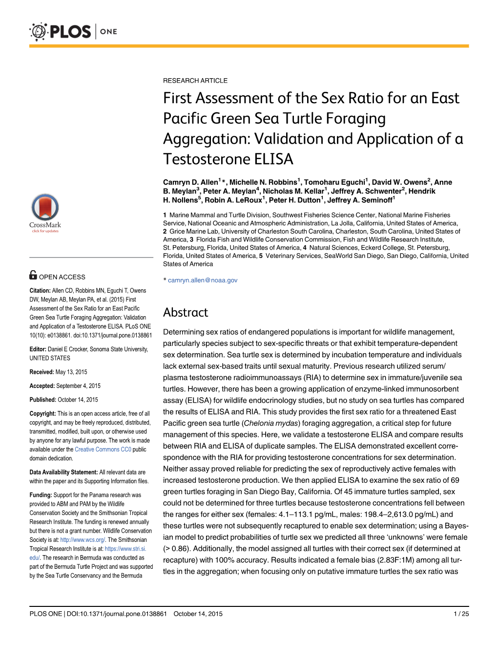 First Assessment of the Sex Ratio for an East Pacific Green Sea Turtle Foraging Aggregation: Validation and Application of a Testosterone ELISA