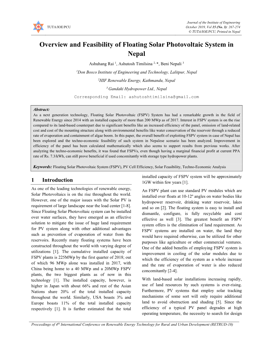 Overview and Feasibility of Floating Solar Photovoltaic System in Nepal