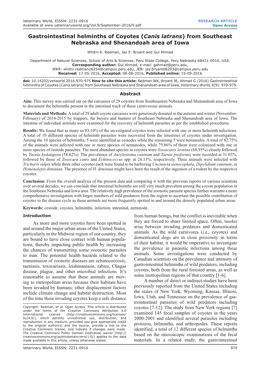 Gastrointestinal Helminths of Coyotes (Canis Latrans) from Southeast Nebraska and Shenandoah Area of Iowa