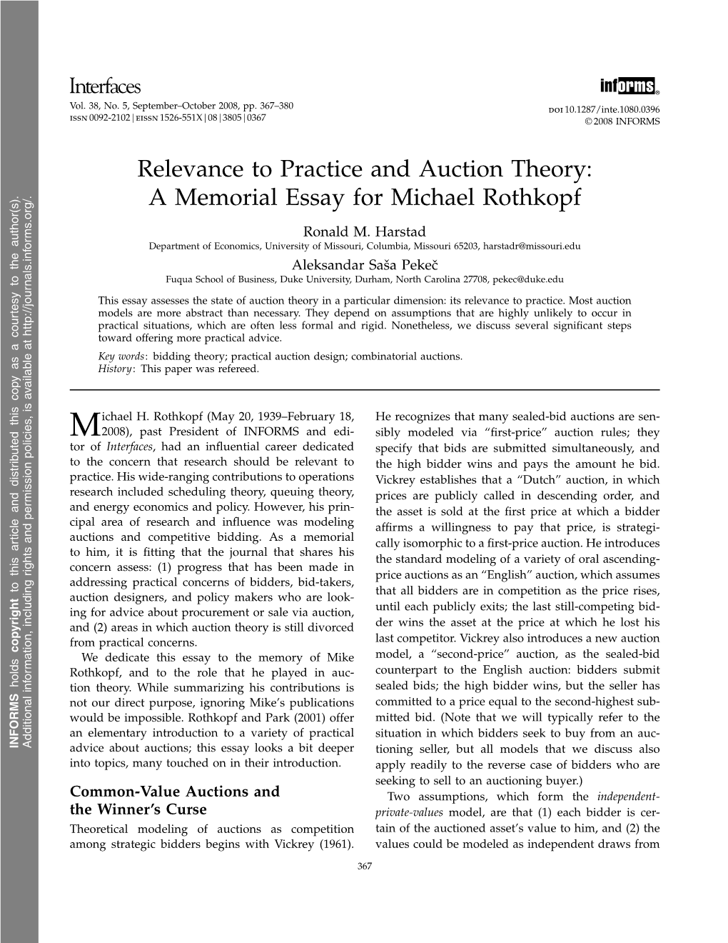Relevance to Practice and Auction Theory: a Memorial Essay for Michael Rothkopf