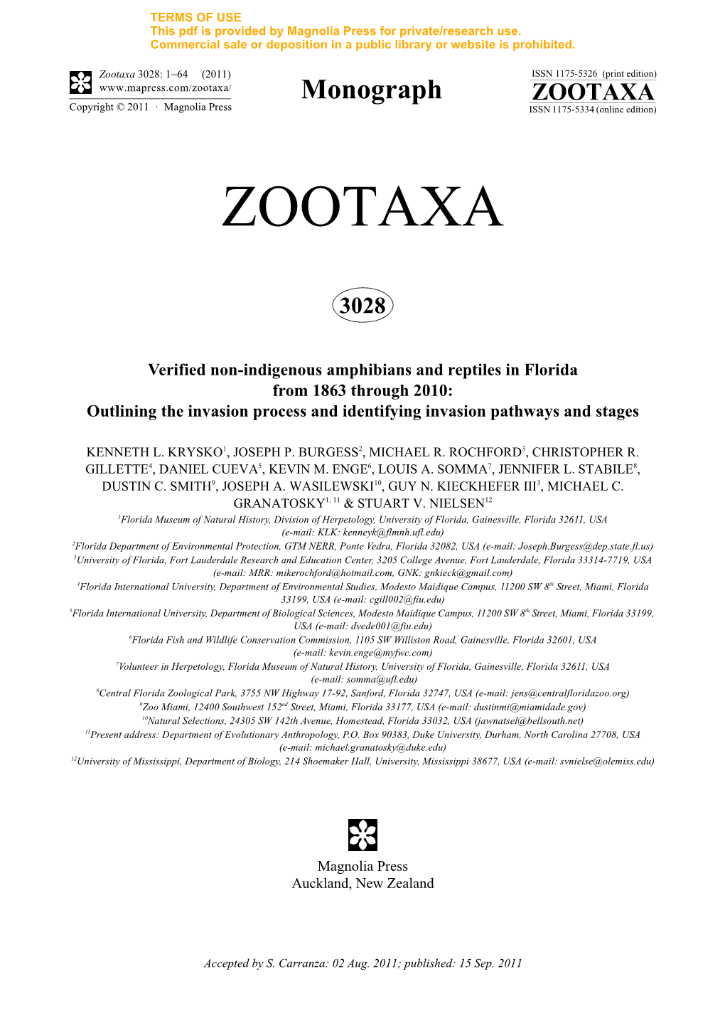 Verified Non-Indigenous Amphibians and Reptiles in Florida from 1863 Through 2010: Outlining the Invasion Process and Identifying Invasion Pathways and Stages