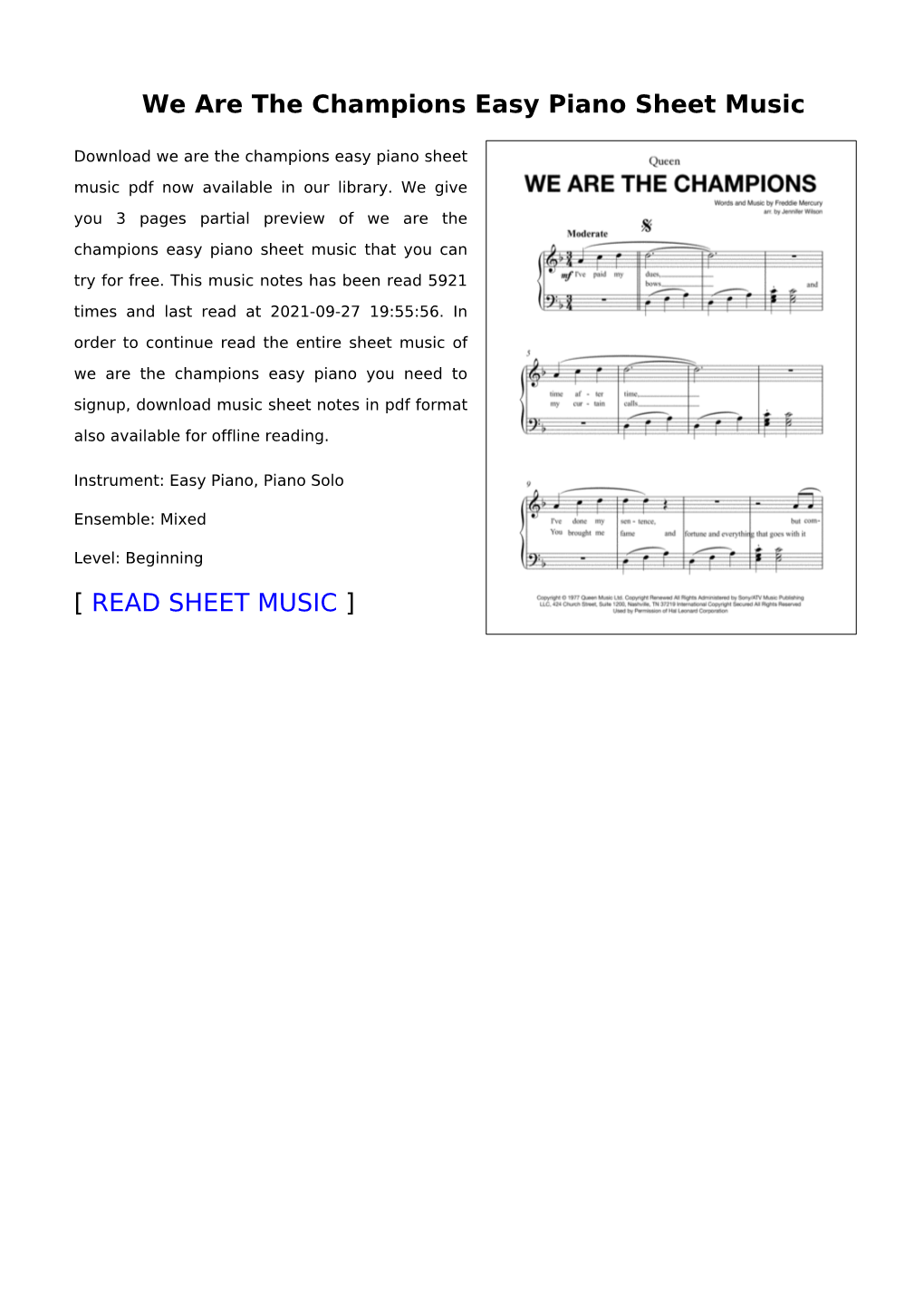 We Are the Champions Easy Piano Sheet Music