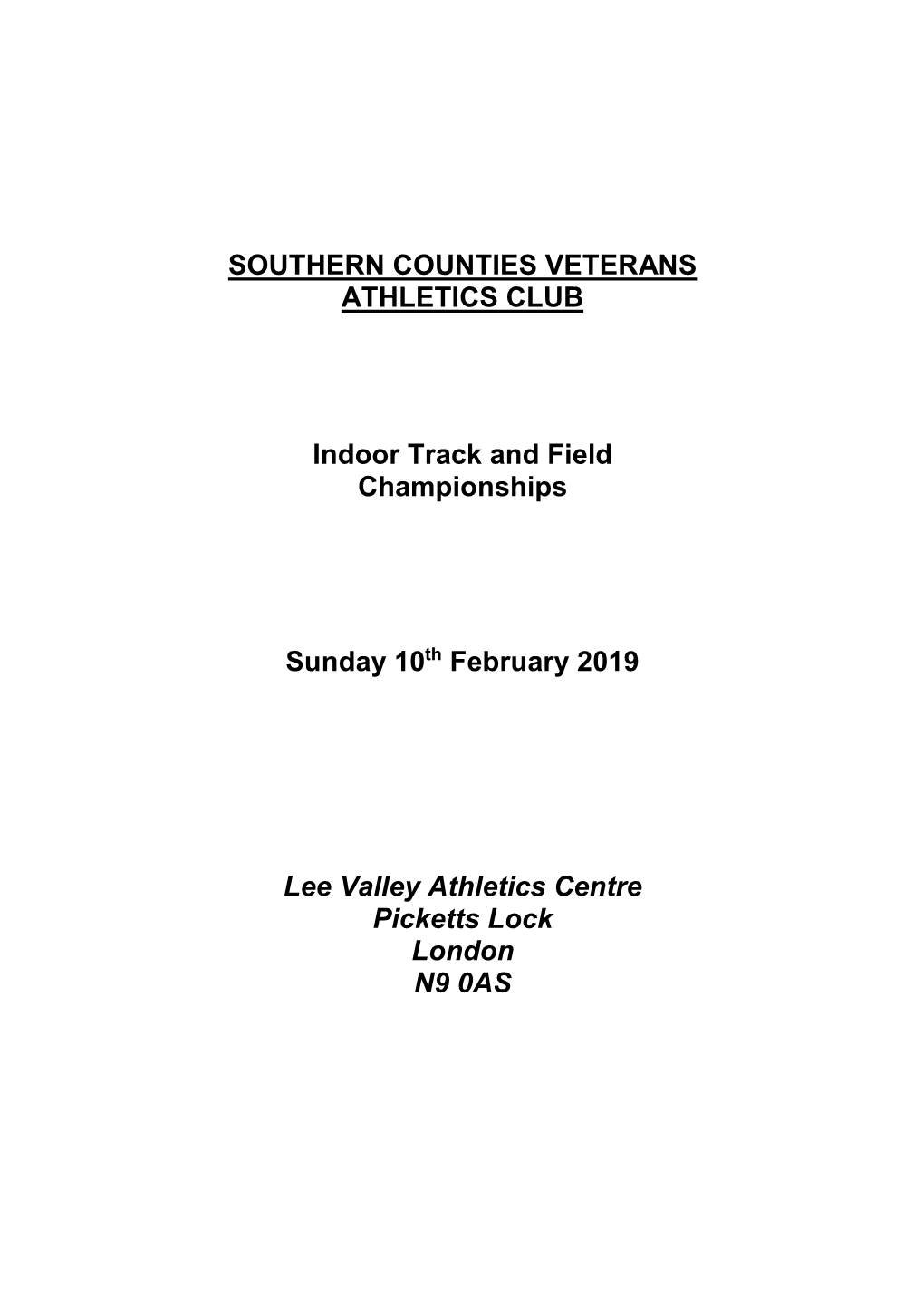 SOUTHERN COUNTIES VETERANS ATHLETICS CLUB Indoor Track