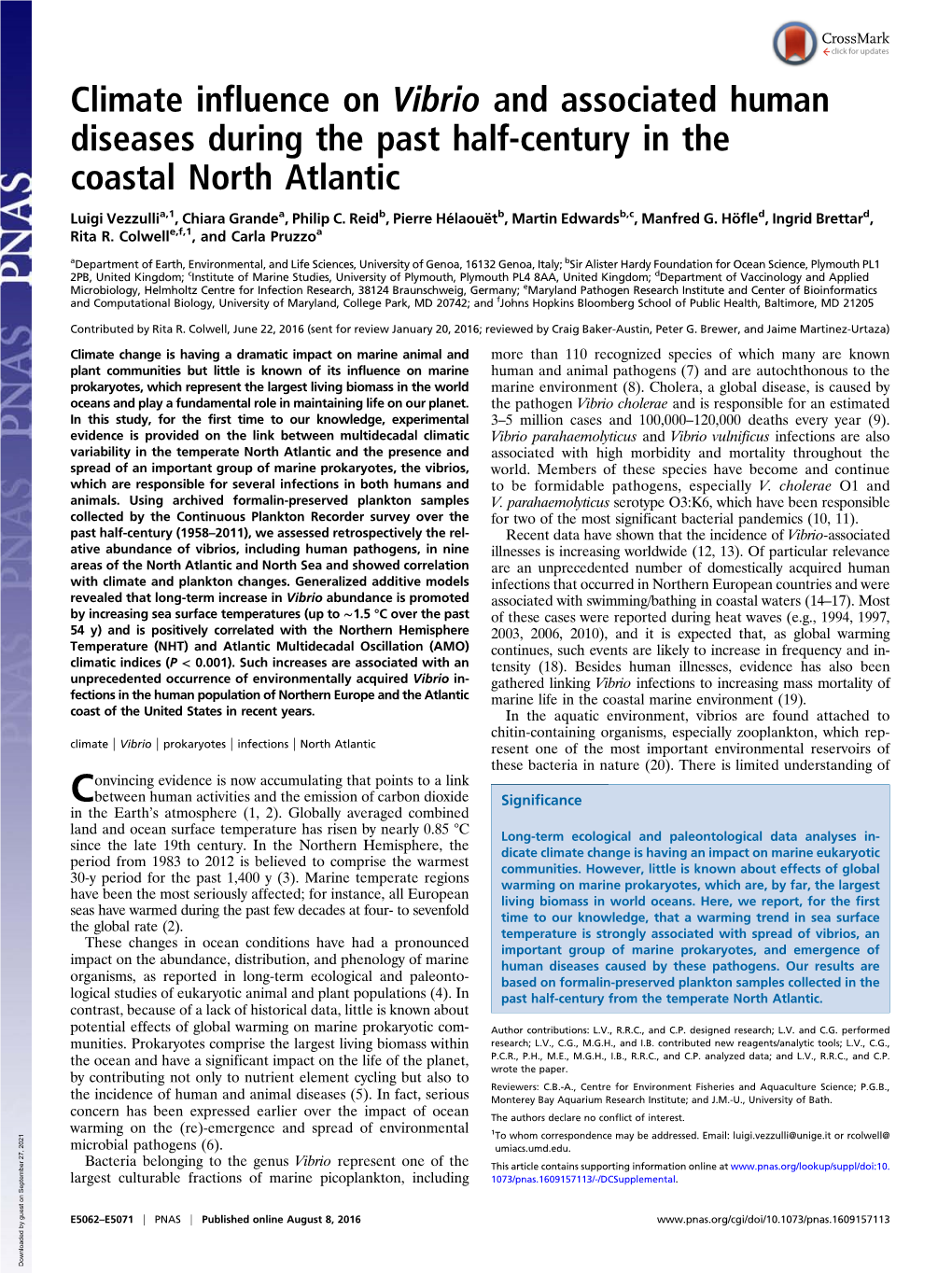 Climate Influence on Vibrio and Associated Human Diseases During the Past Half-Century in the Coastal North Atlantic