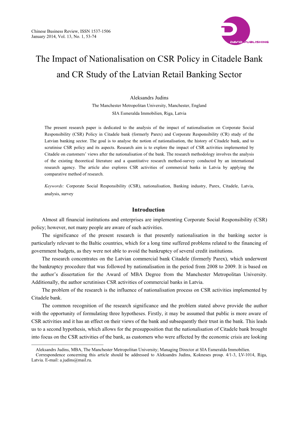 The Impact of Nationalisation on CSR Policy in Citadele Bank and CR