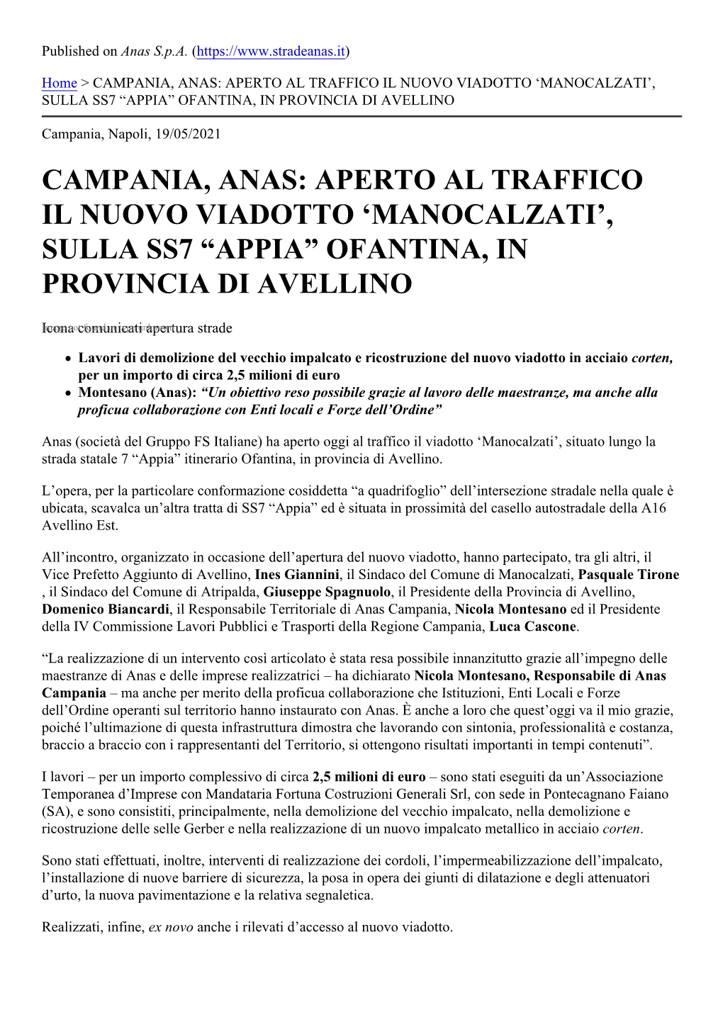Campania, Anas: Aperto Al Traffico Il Nuovo Viadotto ‘Manocalzati’, Sulla Ss7 “Appia” Ofantina, in Provincia Di Avellino