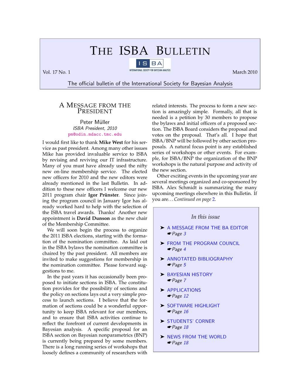 March 2010 the Oﬃcial Bulletin of the International Society for Bayesian Analysis