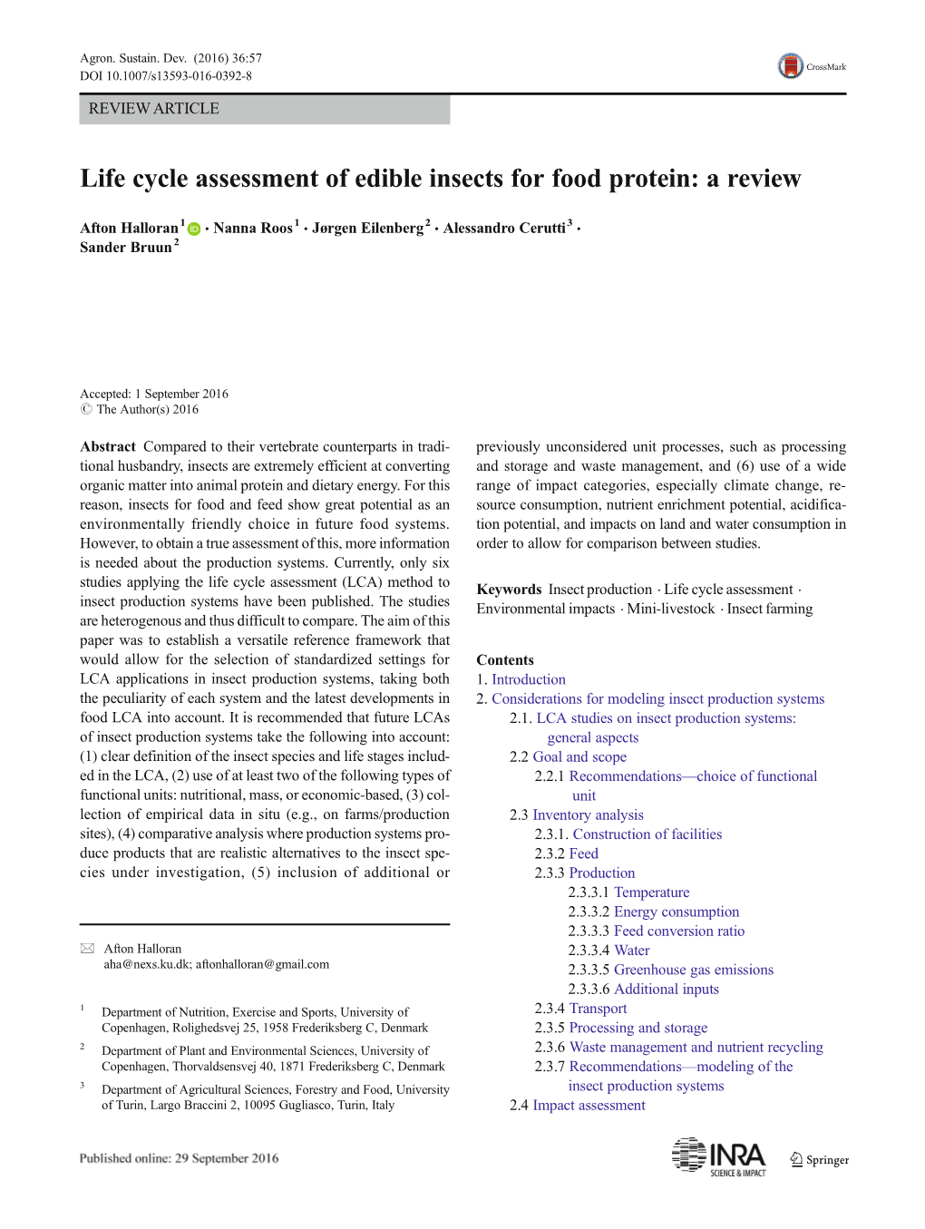 Life Cycle Assessment of Edible Insects for Food Protein: a Review