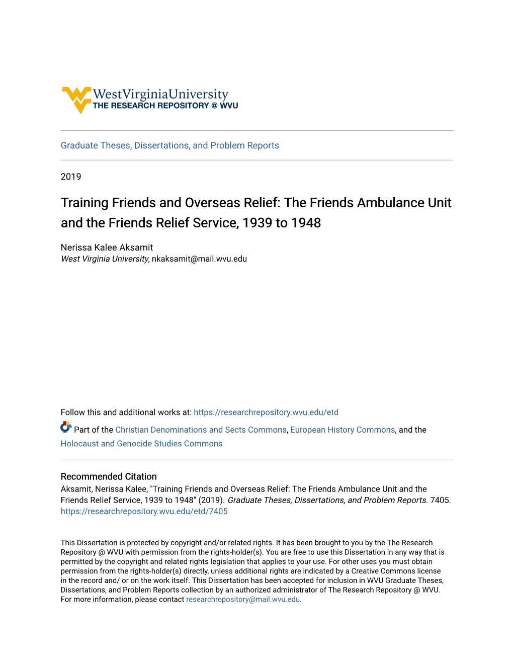 The Friends Ambulance Unit and the Friends Relief Service, 1939 to 1948