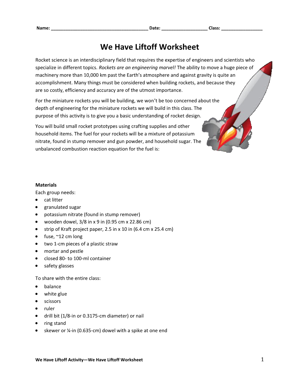 We Have Liftoff Worksheet