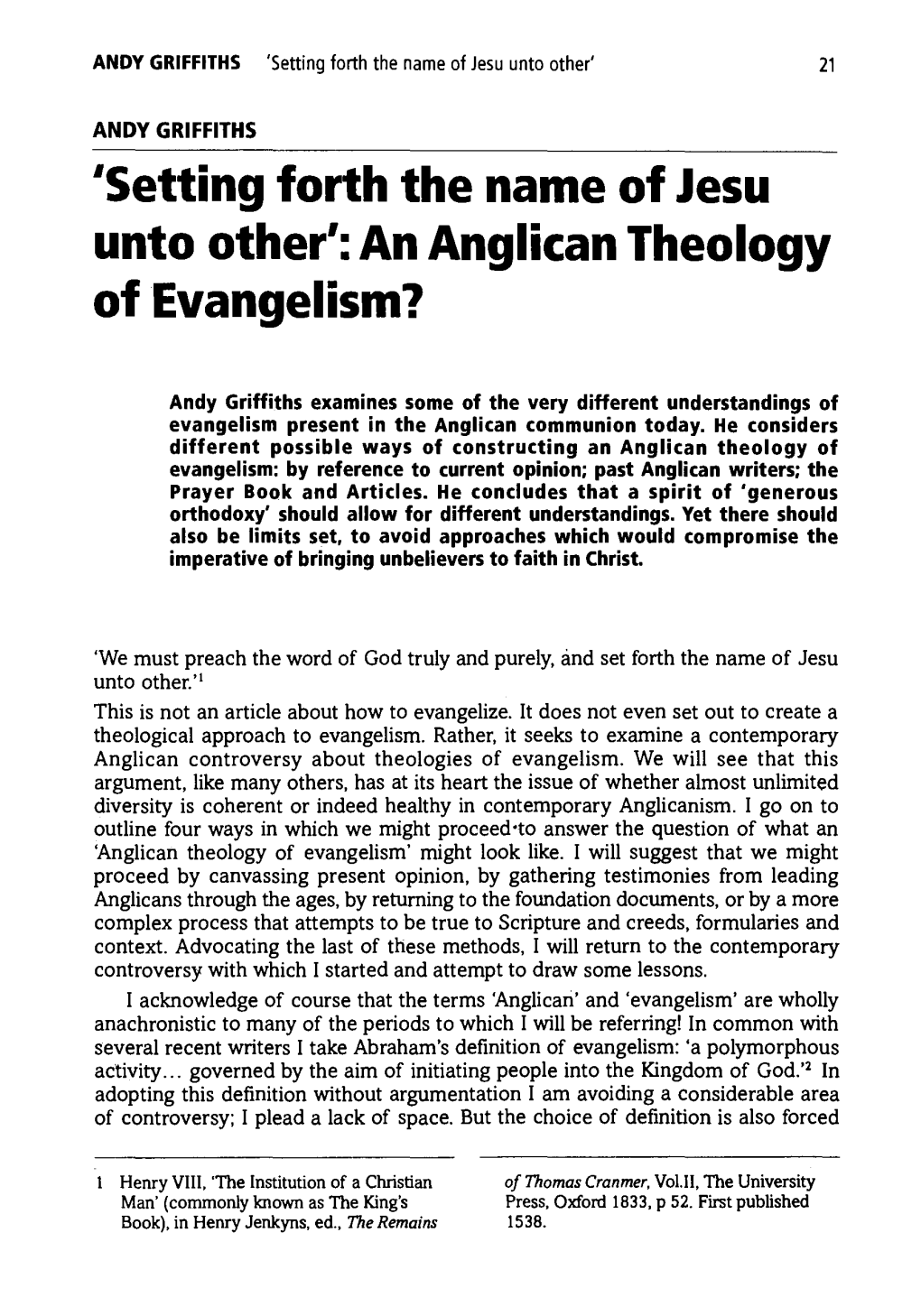 'Setting Forth the Name of Jesu Unto Other': an Anglican Theology of Evangelism?