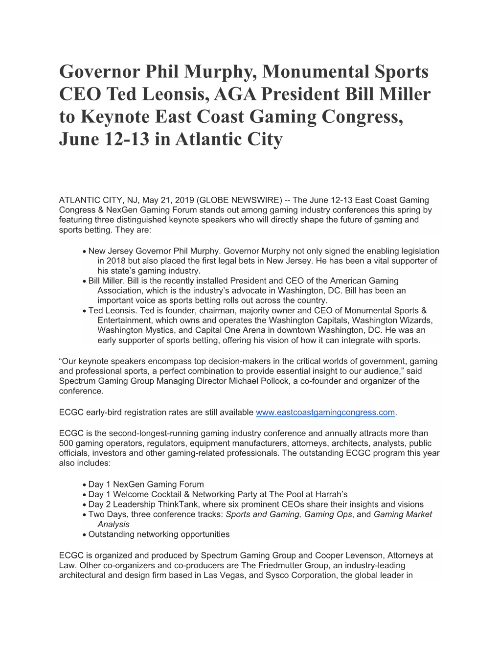 Governor Phil Murphy, Monumental Sports CEO Ted Leonsis, AGA President Bill Miller to Keynote East Coast Gaming Congress, June 12-13 in Atlantic City