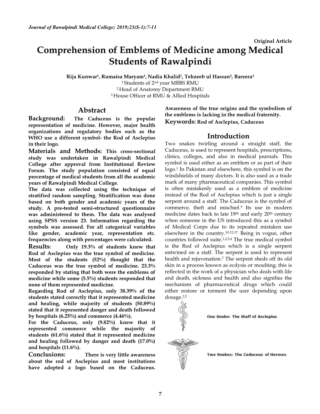 Comprehension of Emblems of Medicine Among Medical Students of Rawalpindi