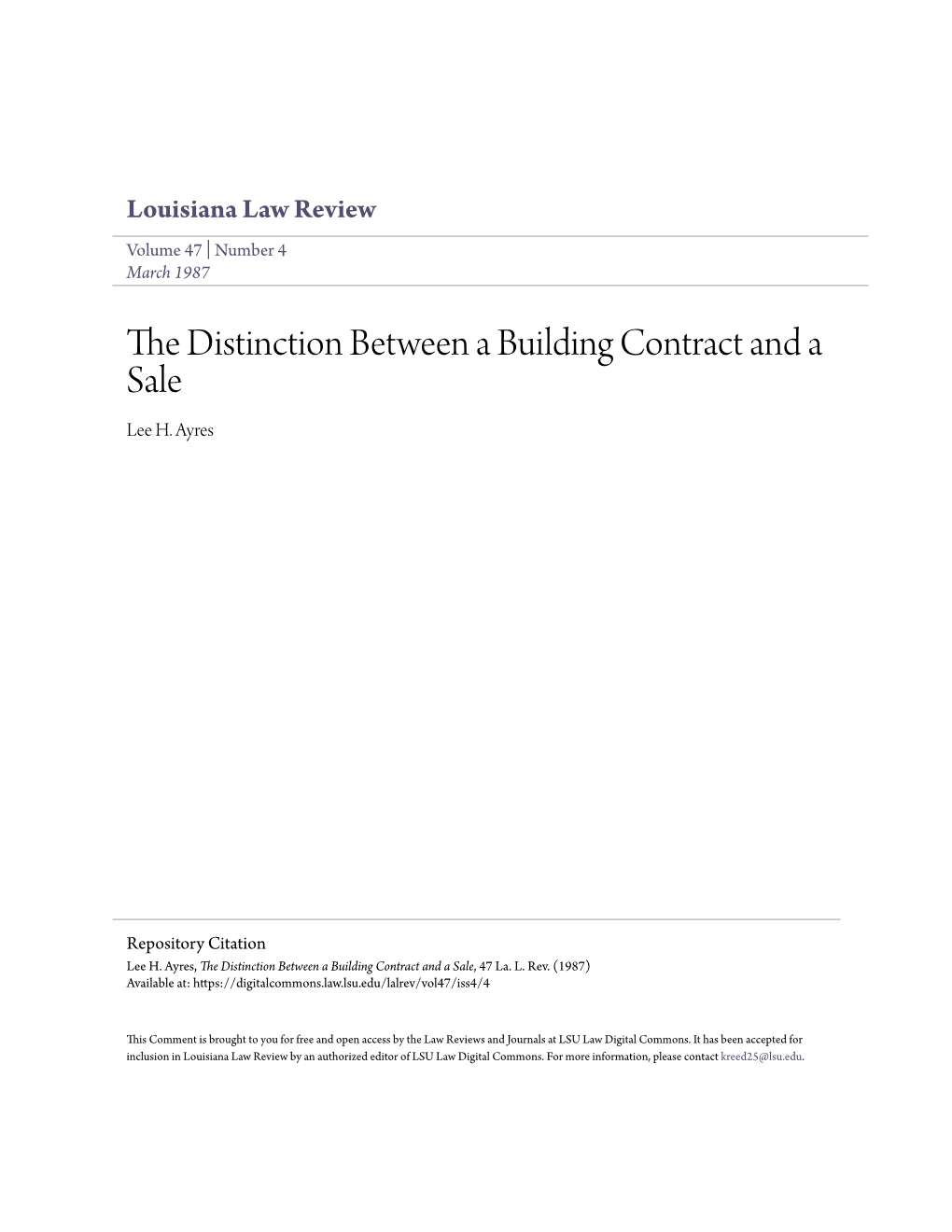 The Distinction Between a Building Contract and a Sale Lee H
