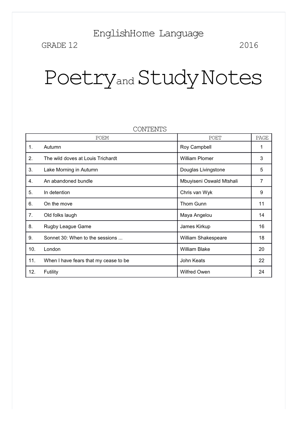 Poetry and Study Notes