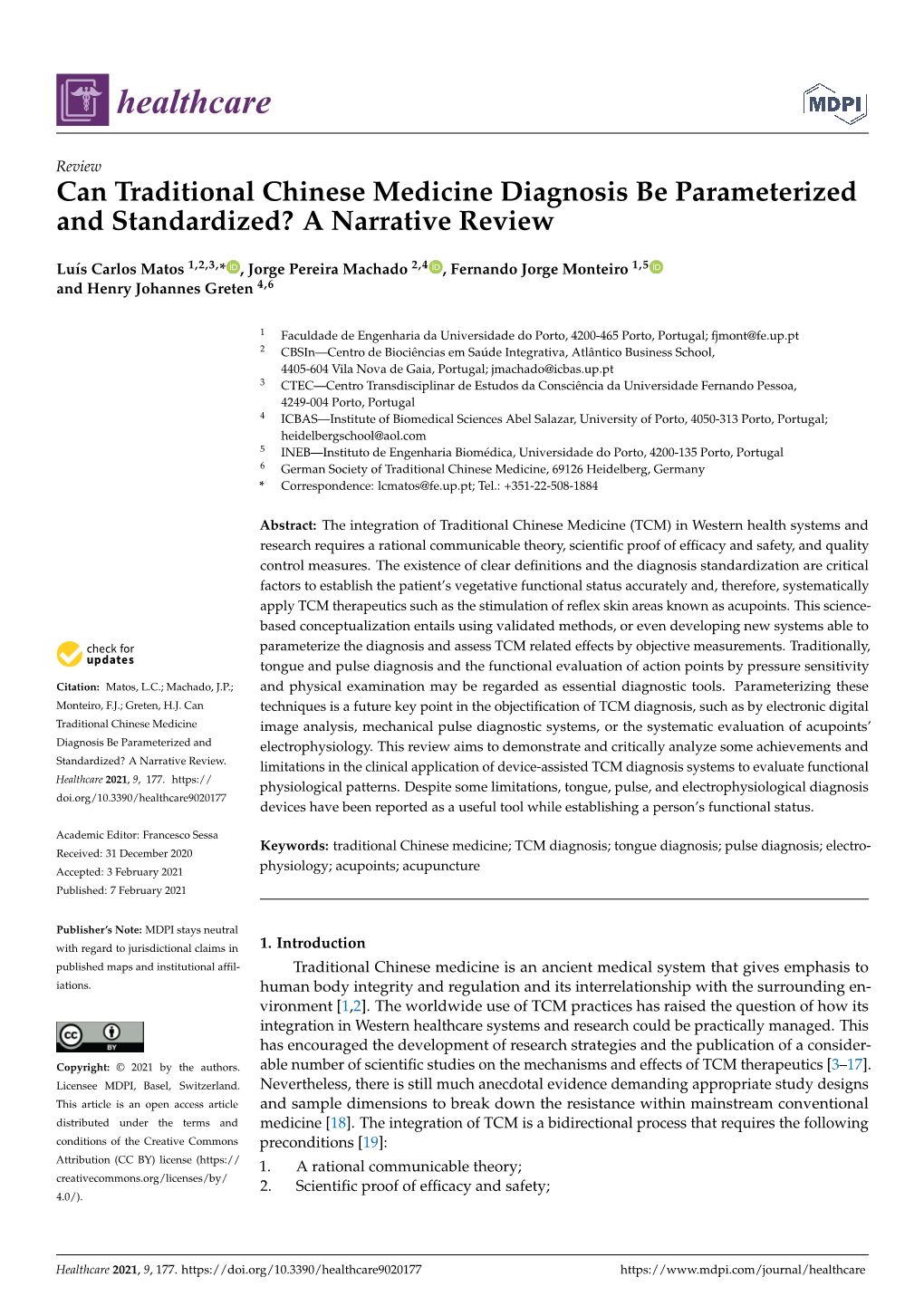 Can Traditional Chinese Medicine Diagnosis Be Parameterized and Standardized? a Narrative Review