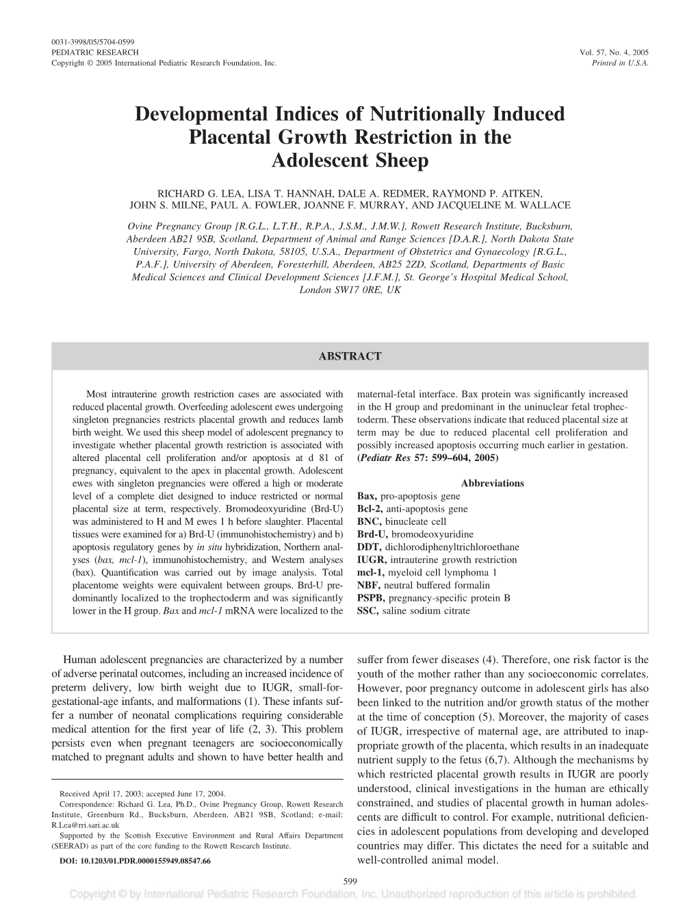 Developmental Indices of Nutritionally Induced Placental Growth Restriction in the Adolescent Sheep