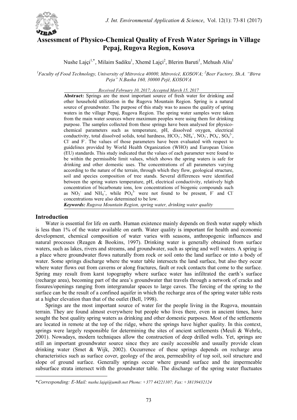 Assessment of Physicochemical Quality of Spring Water in Rugova