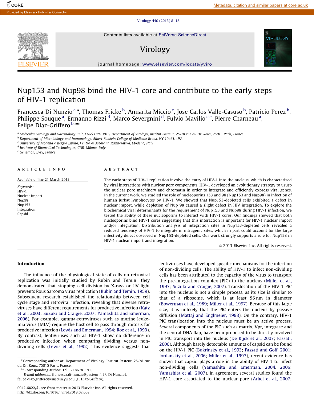 Nup153 and Nup98 Bind the HIV-1 Core and Contribute to the Early Steps of HIV-1 Replication