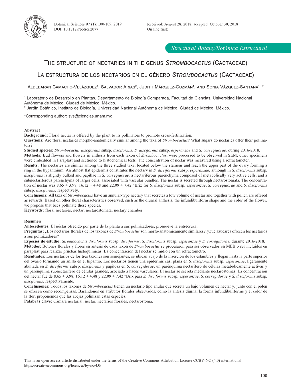 Cactaceae) La Estructura De Los Nectarios En El Género Strombocactus (Cactaceae