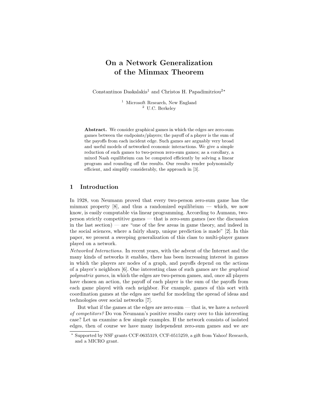 On a Network Generalization of the Minmax Theorem