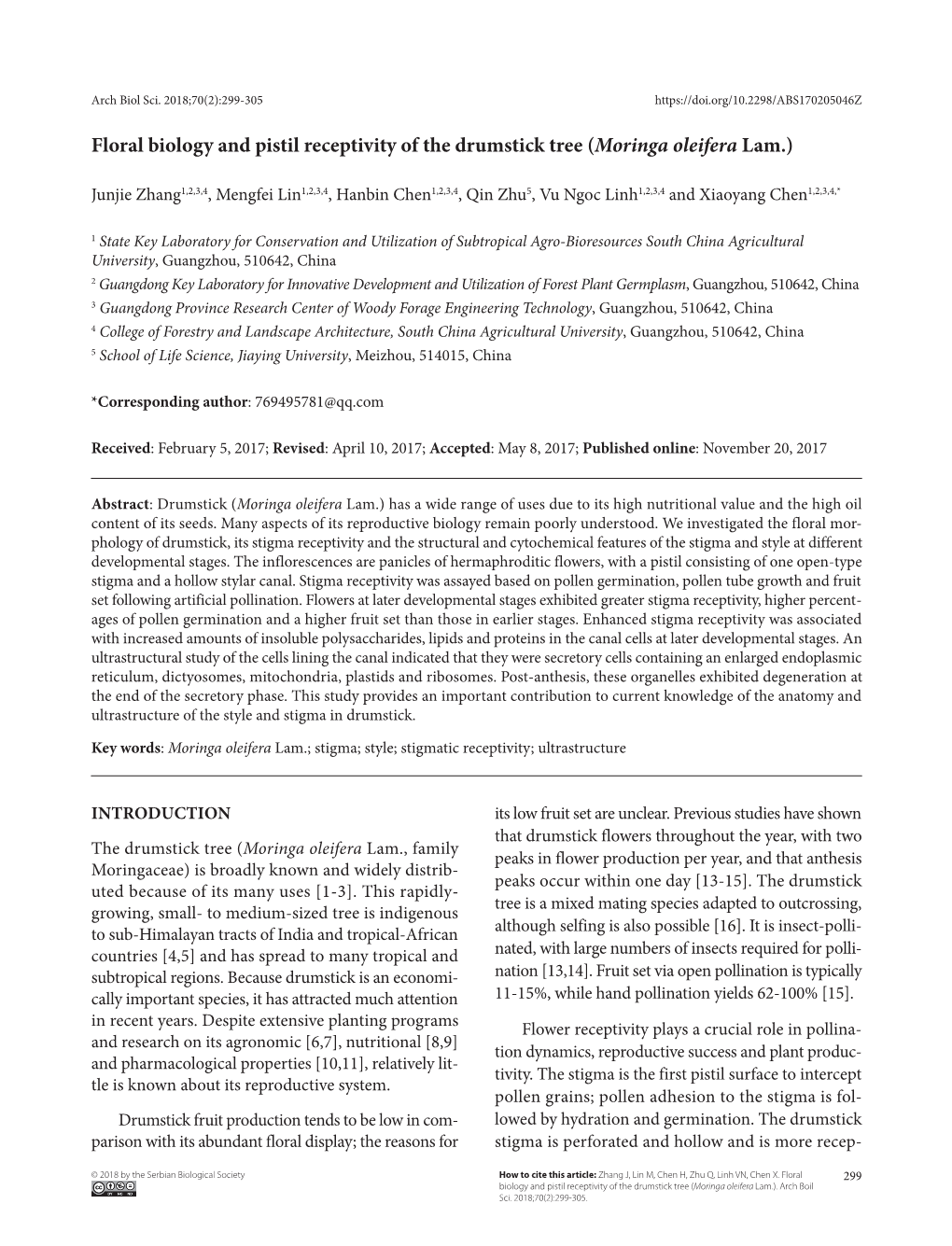 Floral Biology and Pistil Receptivity of the Drumstick Tree (Moringa Oleifera Lam.)