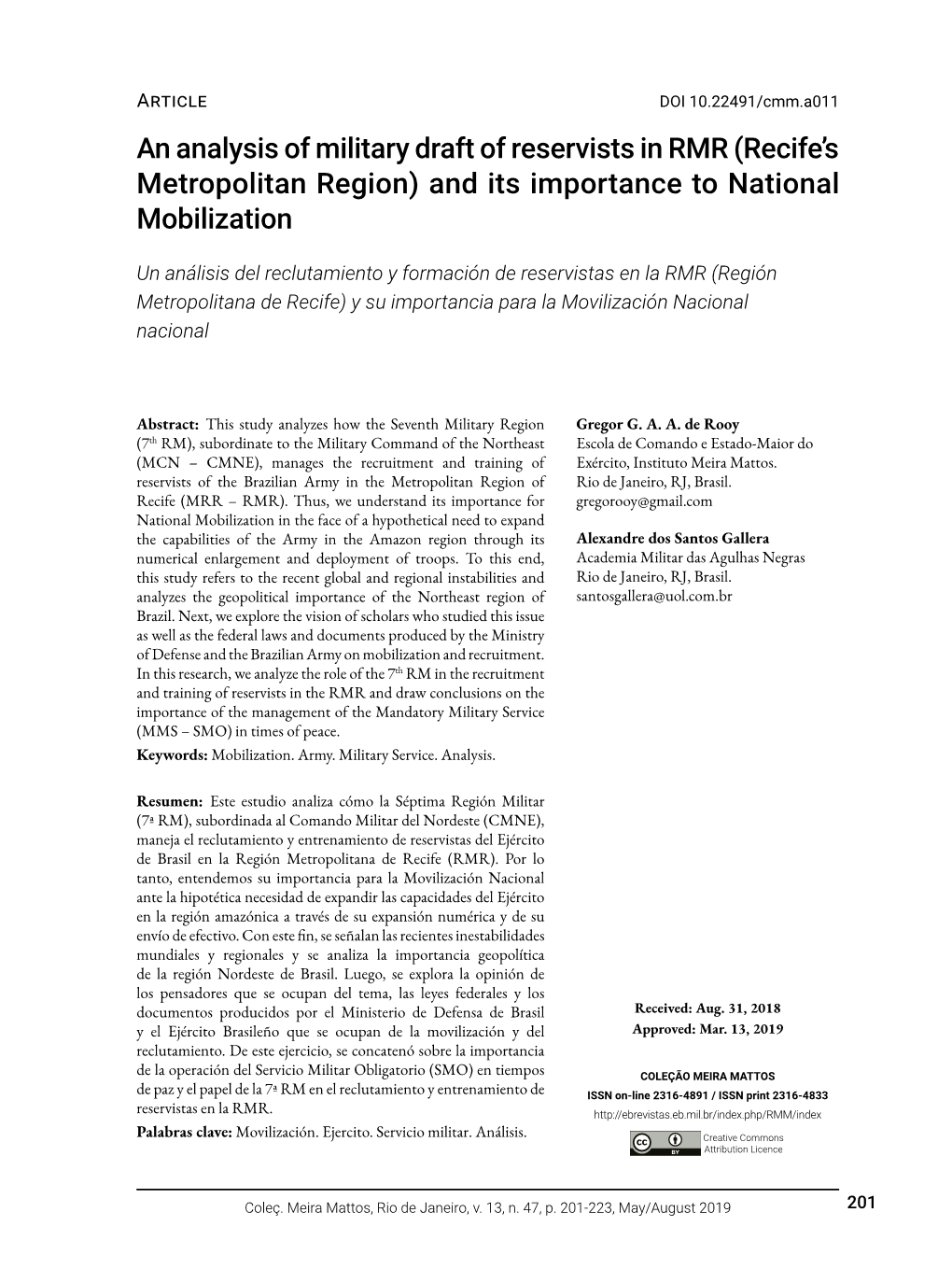 An Analysis of Military Draft of Reservists in RMR (Recife’S Metropolitan Region) and Its Importance to National Mobilization