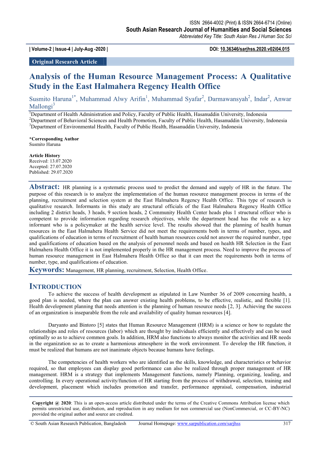 Analysis of the Human Resource Management Process: a Qualitative Study in the East Halmahera Regency Health Office