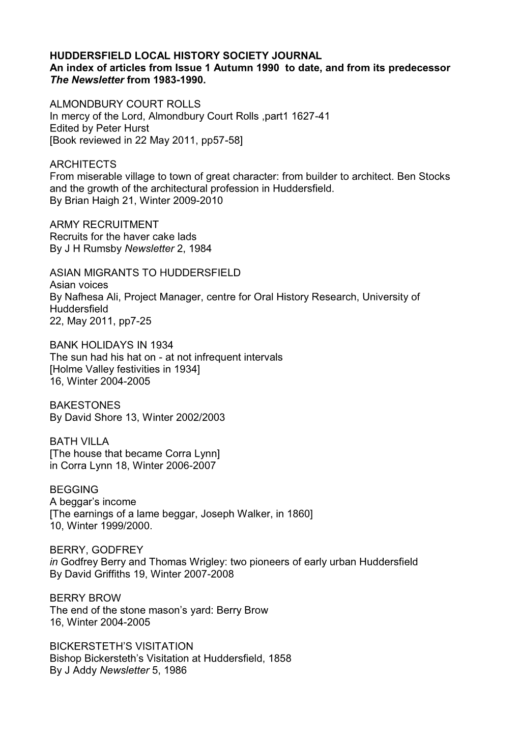 HUDDERSFIELD LOCAL HISTORY SOCIETY JOURNAL an Index of Articles from Issue 1 Autumn 1990 to Date, and from Its Predecessor the Newsletter from 1983-1990