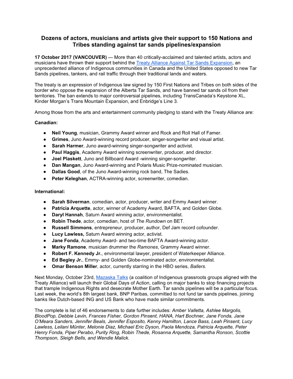 Dozens of Actors, Musicians and Artists Give Their Support to 150 Nations and Tribes Standing Against Tar Sands Pipelines/Expansion