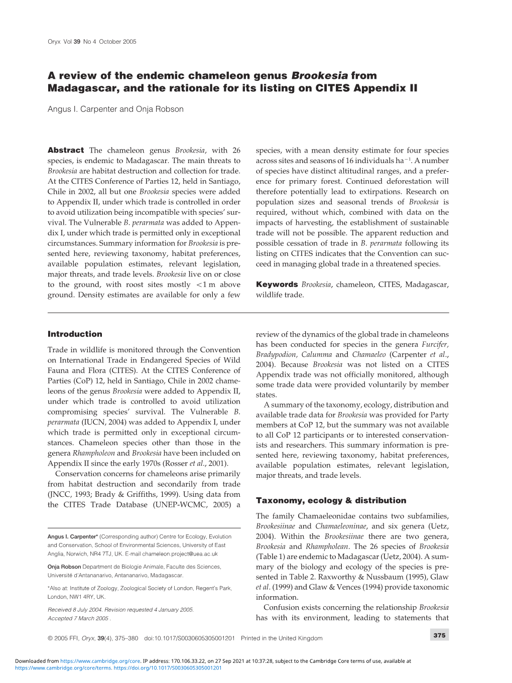 A Review of the Endemic Chameleon Genus Brookesia from Madagascar, and the Rationale for Its Listing on CITES Appendix II