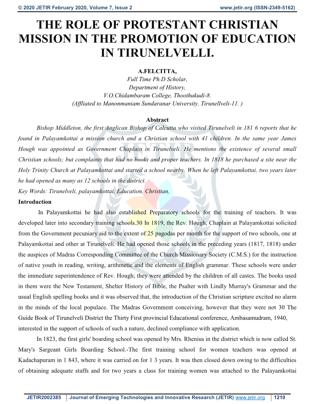 The Role of Protestant Christian Mission in the Promotion of Education in Tirunelvelli