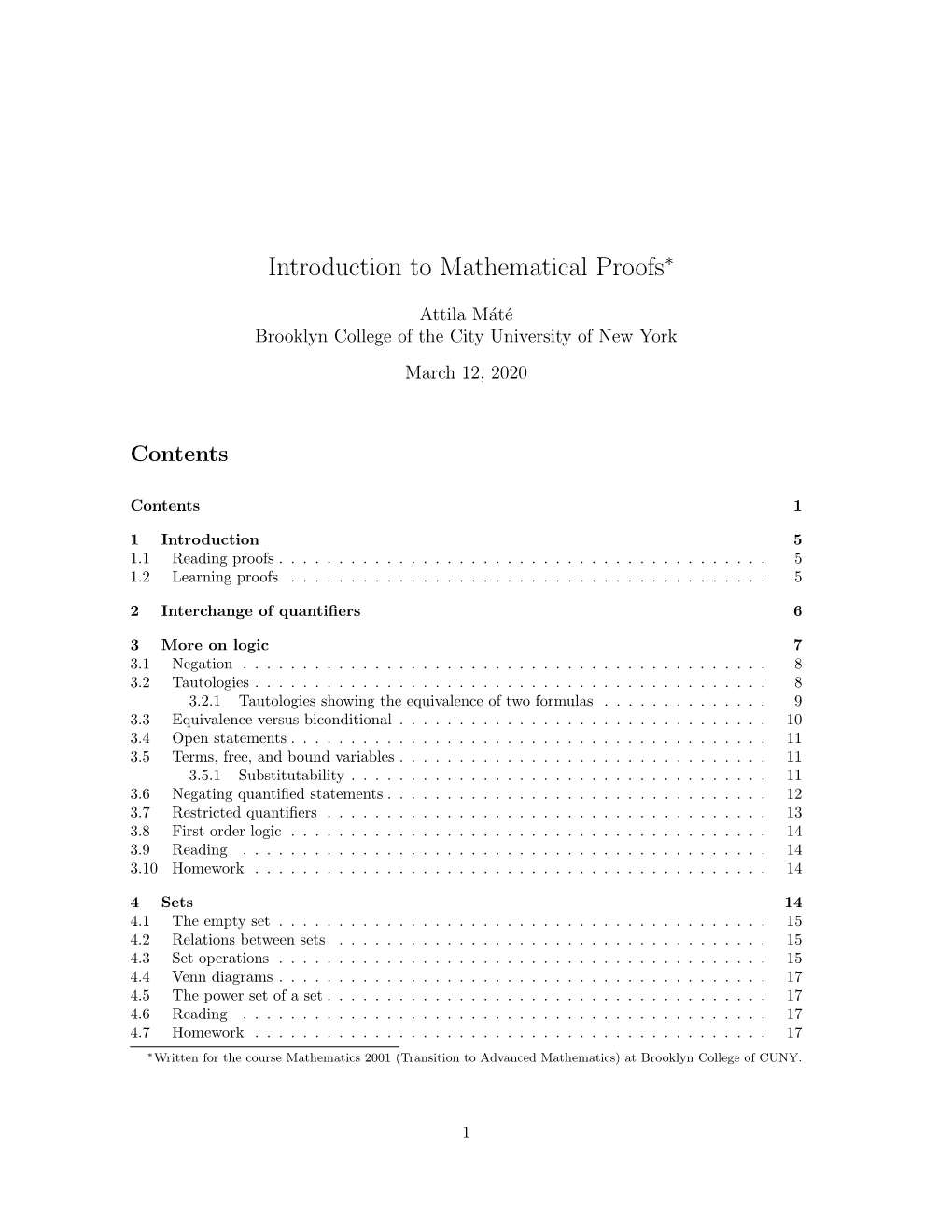 Introduction to Mathematical Proofs∗